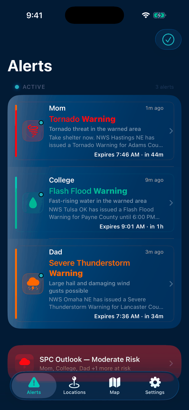 The WeatherAlarm alerts screen showing a tornado warning for Mom, a flash flood warning for College, and a severe thunderstorm warning for Dad, each with the time it expires.