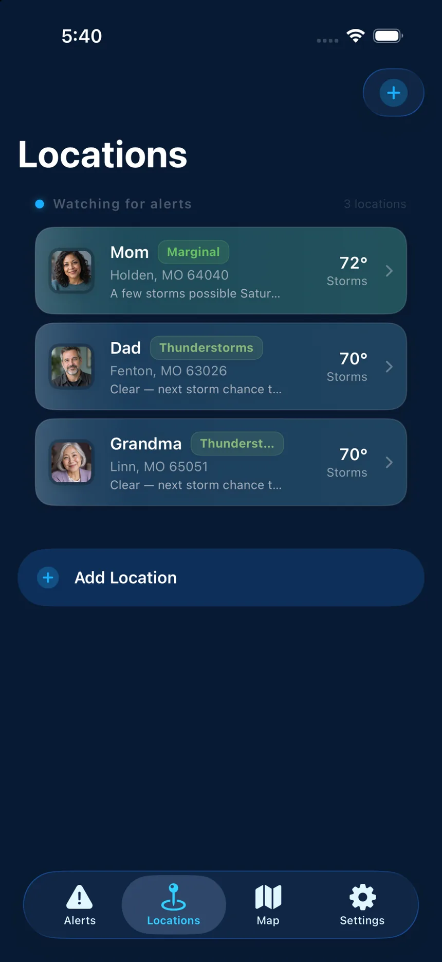 The Locations list: Mom, Dad and Grandma with their photos, each showing today’s risk and temperature.