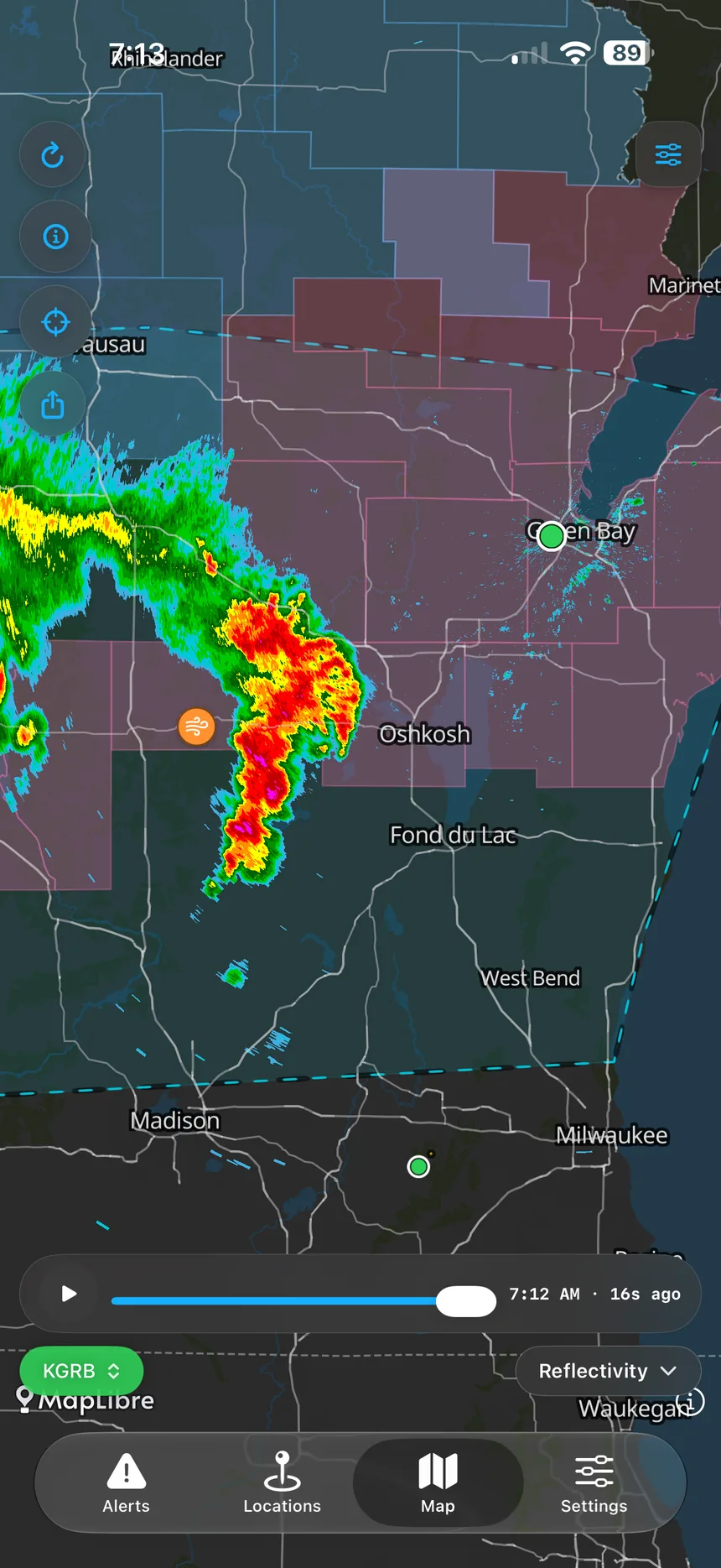 Level II reflectivity over Wisconsin with warning polygons and the radar scrubber.