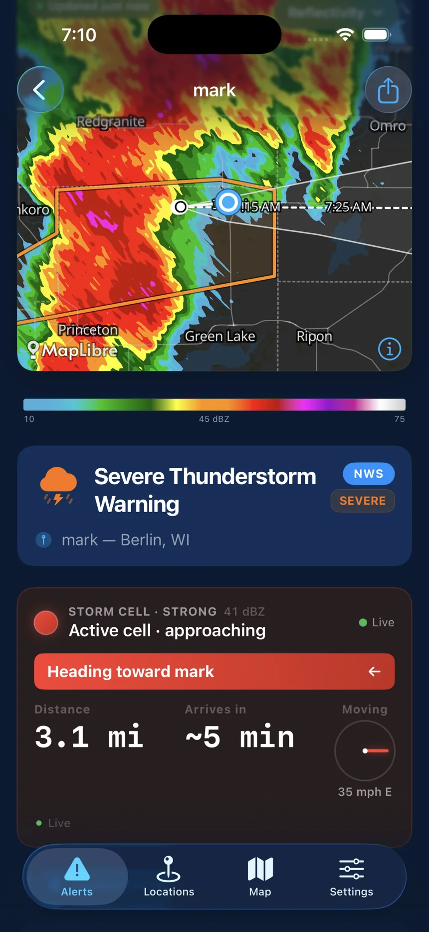 A Severe Thunderstorm Warning with the storm cell 3.1 miles away, heading toward Mark, arriving in about five minutes.