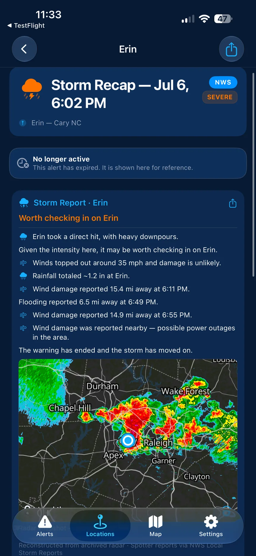 A Storm Report for Erin: worth checking in — winds topped out around 35 mph, rainfall about 1.2 inches, wind damage reported 6.5 miles away.